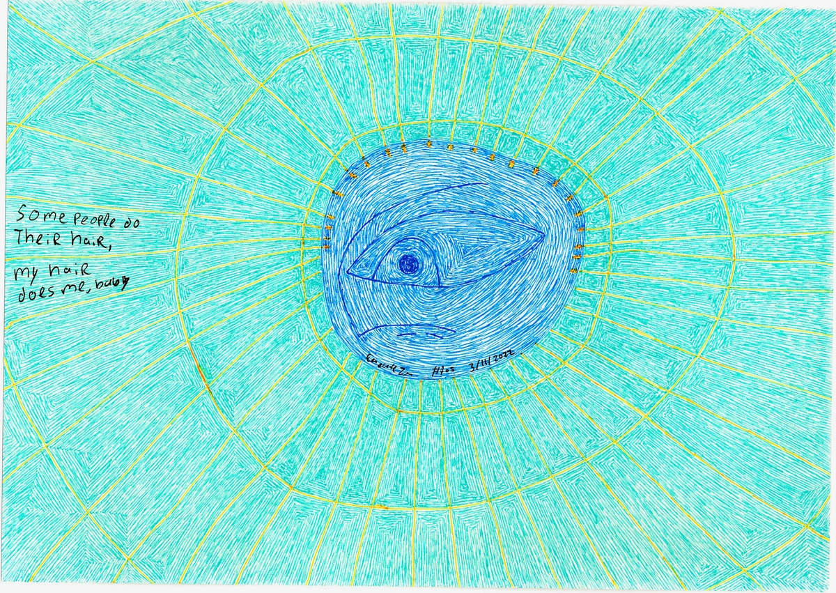 Abstract artwork featuring flowing lines, geometric patterns, and a central eye motif, evoking the decorative style of Art Nouveau.