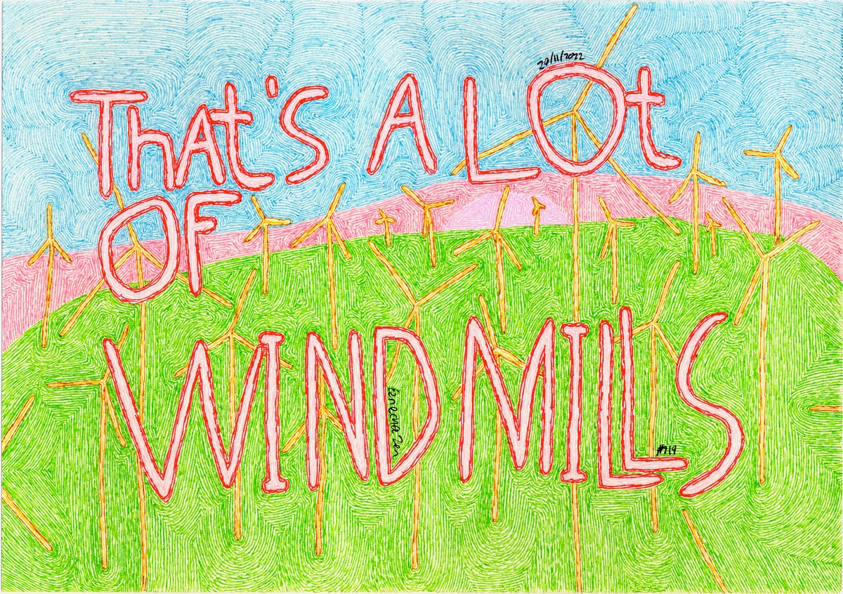 Windmills and landscape with green and blue tones