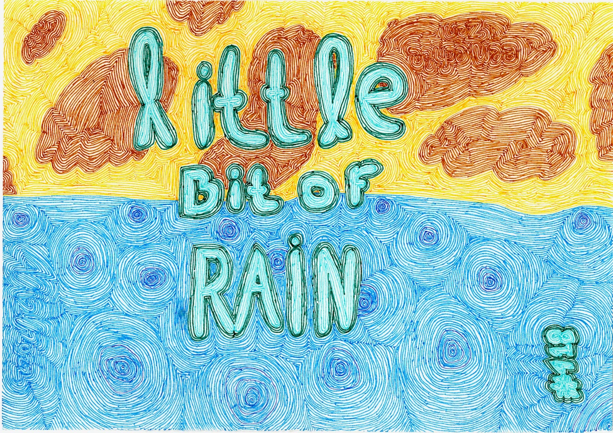 rain, water, blue, yellow, brown, clouds, abstract, textured, swirling patterns, lettering, title, atmospheric