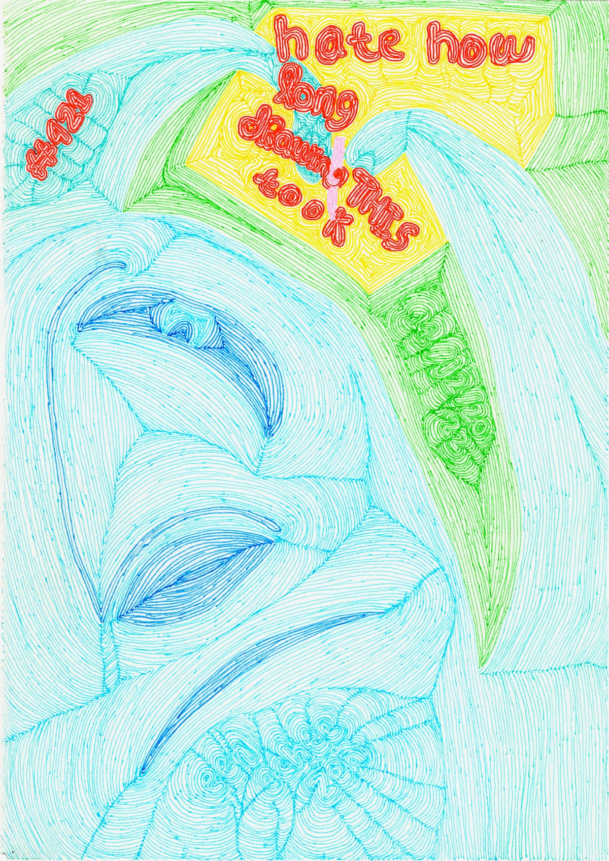 Intricate abstract artwork with dense, chaotic lines and patterns in red, yellow, green, and blue, suggesting frustration or meticulous detail. / Intrincada obra de arte abstracta con líneas y patrones densos y caóticos en rojo, amarillo, verde y azul, sugiriendo frustración o detalle meticuloso.