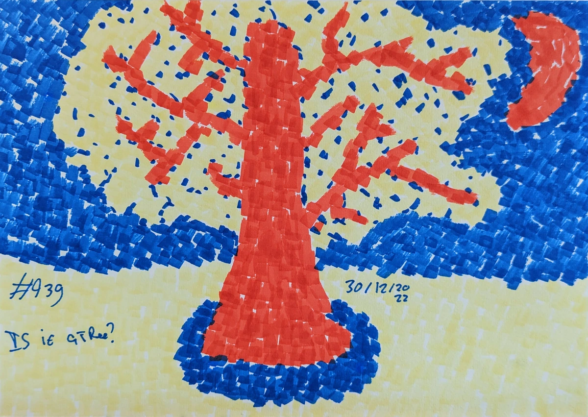 tree, night, moon, abstract, red, blue, yellow, question, nature