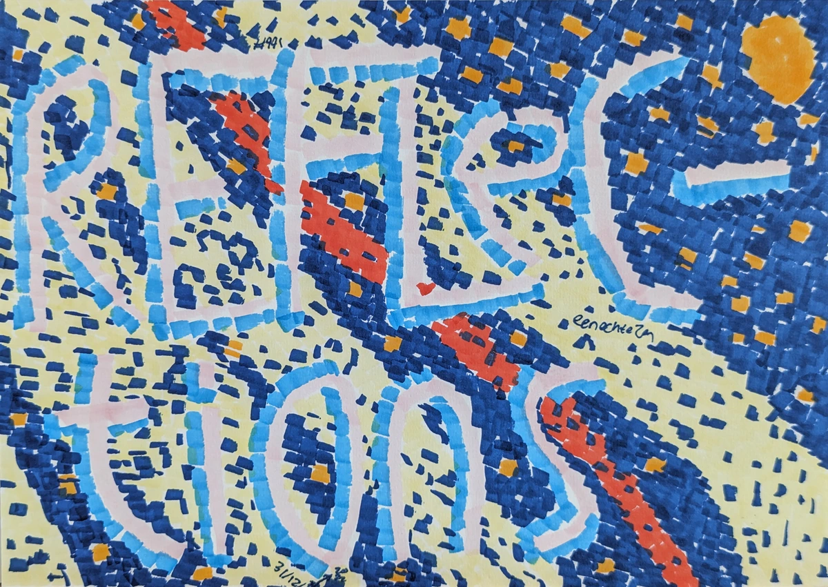 Reflections, abstract, geometric, blue, yellow, pink, red, orange, patterned, textured, artistic, creative. / Reflexiones, abstracto, geométrico, azul, amarillo, rosa, rojo, naranja, estampado, texturizado, artístico, creativo.