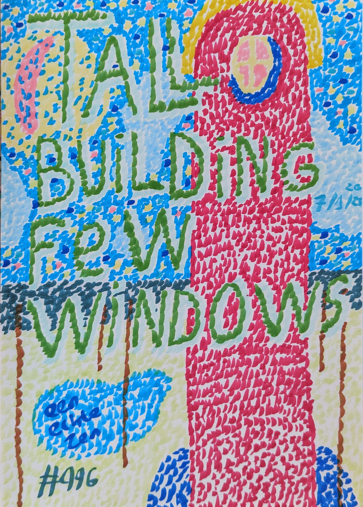 tall building, few windows, urban, architecture, modern, minimalist, abstract, geometric, blue, yellow, red, green, pink, textured, patterned, #4996