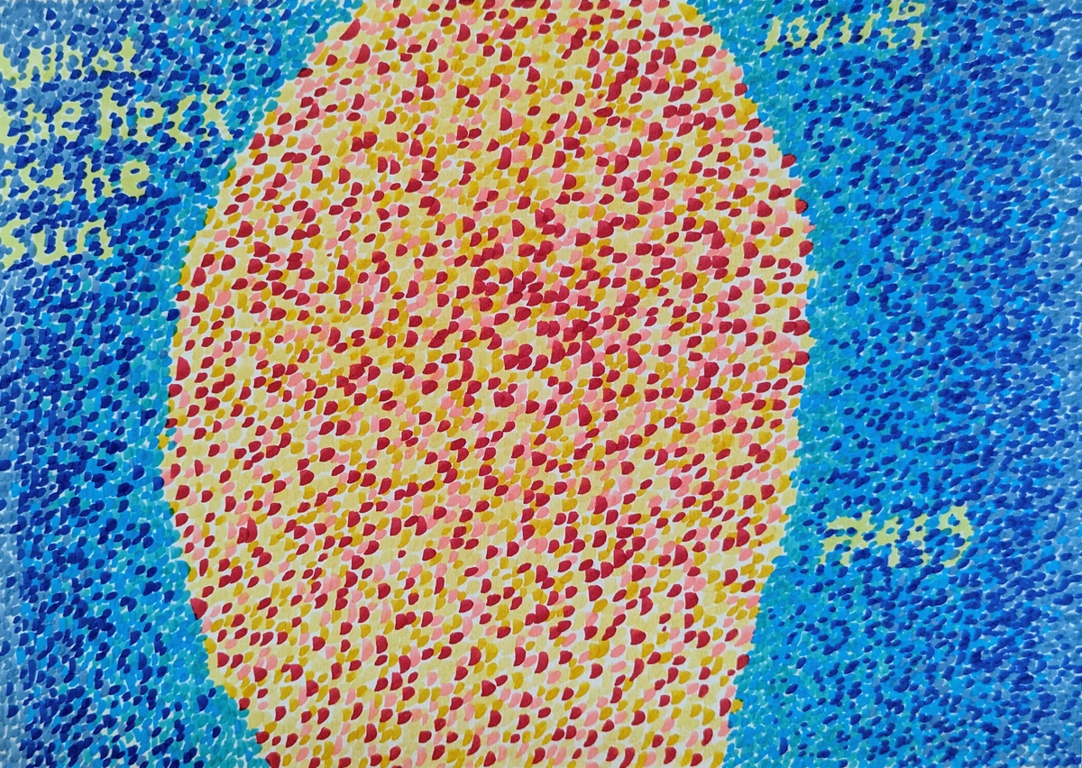 sun, abstract, yellow, red, pink, blue, dots, pointillism, bright, warm, celestial, questioning, curiosity
