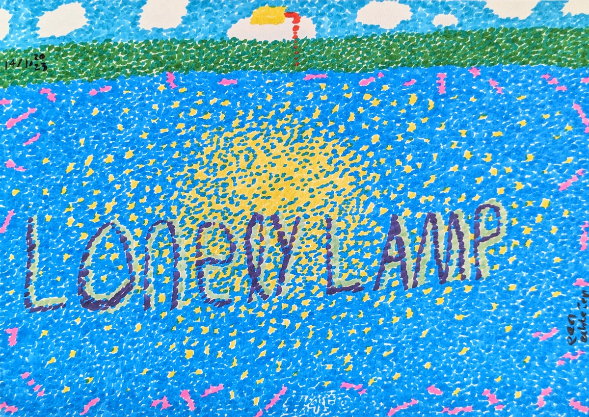 lamp, loneliness, blue, yellow, pink, green, sky, clouds, dots, textured, abstract, solitary, light, night, simple, evocative