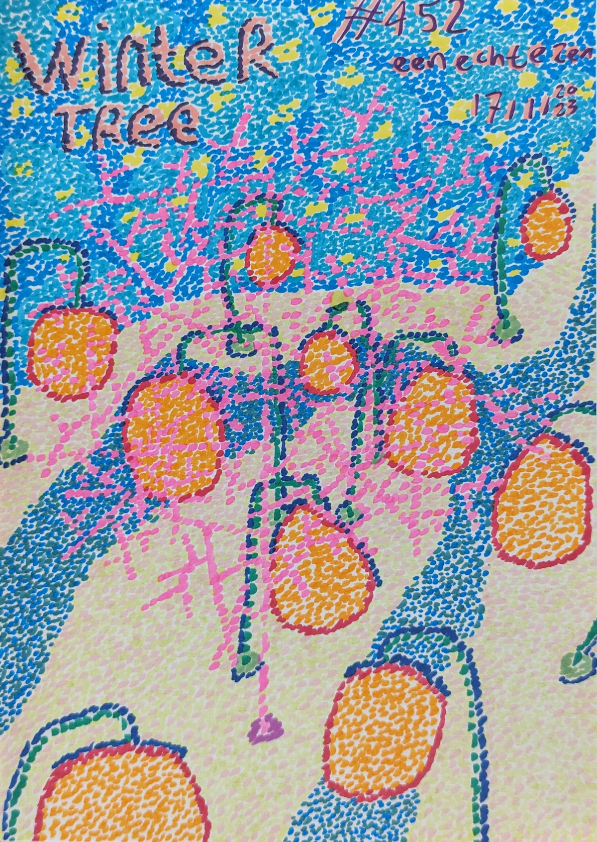 winter, tree, nature, seasons, cold, abstract, pointillism, blue, pink, yellow, orange, red, green, dotted, textured, artistic, illustration