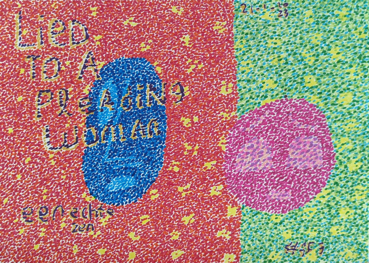deception, pleading, woman, betrayal, emotional distress, vulnerability, red, yellow, blue, green, pink, purple, dots, stippling, abstract, figurative, date 21-1-23, signature