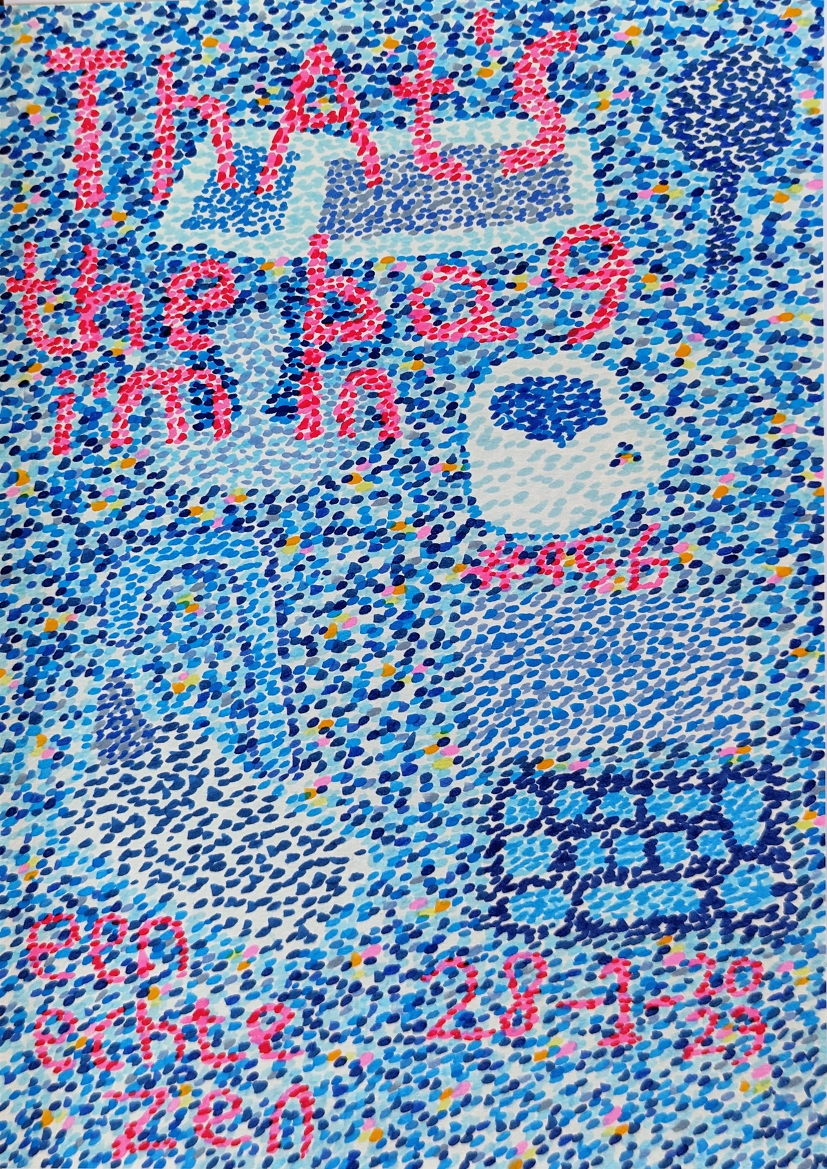 dot art, pointillism, abstract, blue, pink, red, yellow, white, text, numbers, 2023, 1-29, abstract shapes, patterned, textured, contemporary art