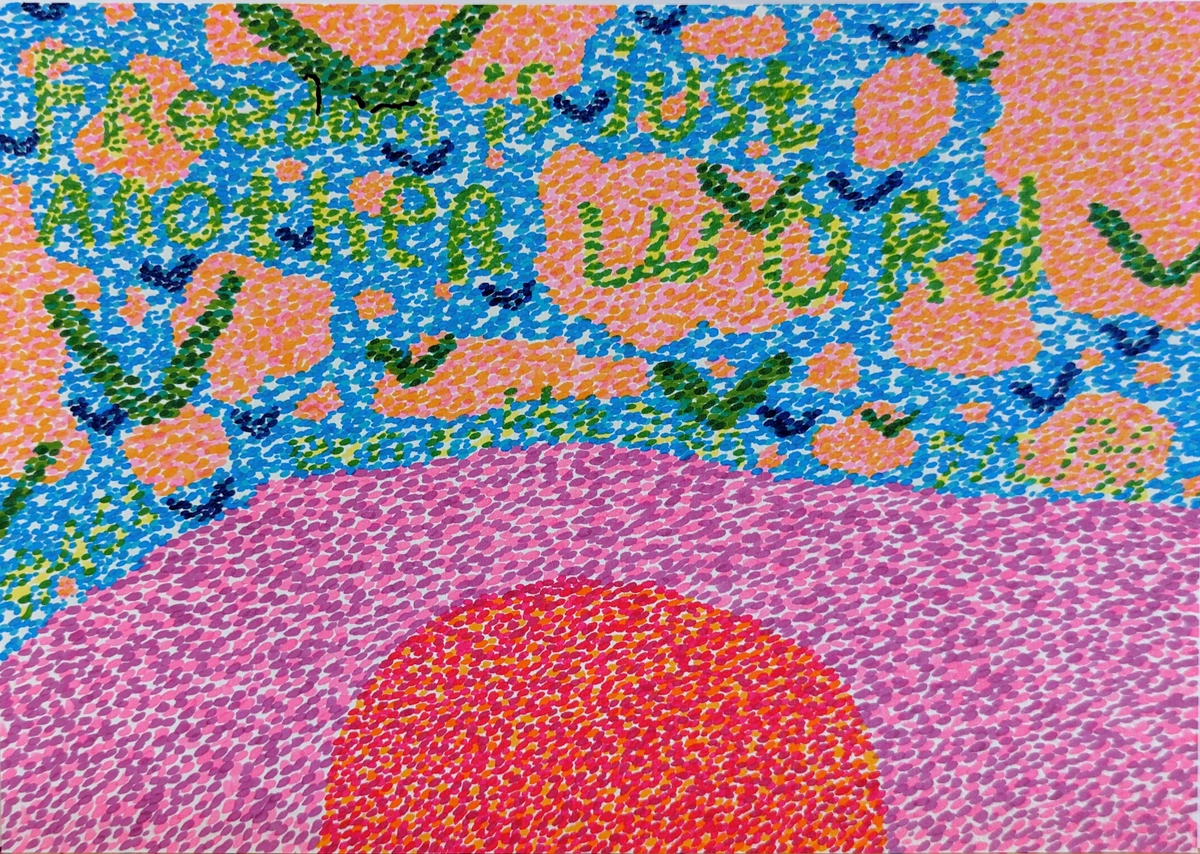 freedom, word, abstract, colorful, dots, landscape, sun, pink, orange, blue, green, dark blue