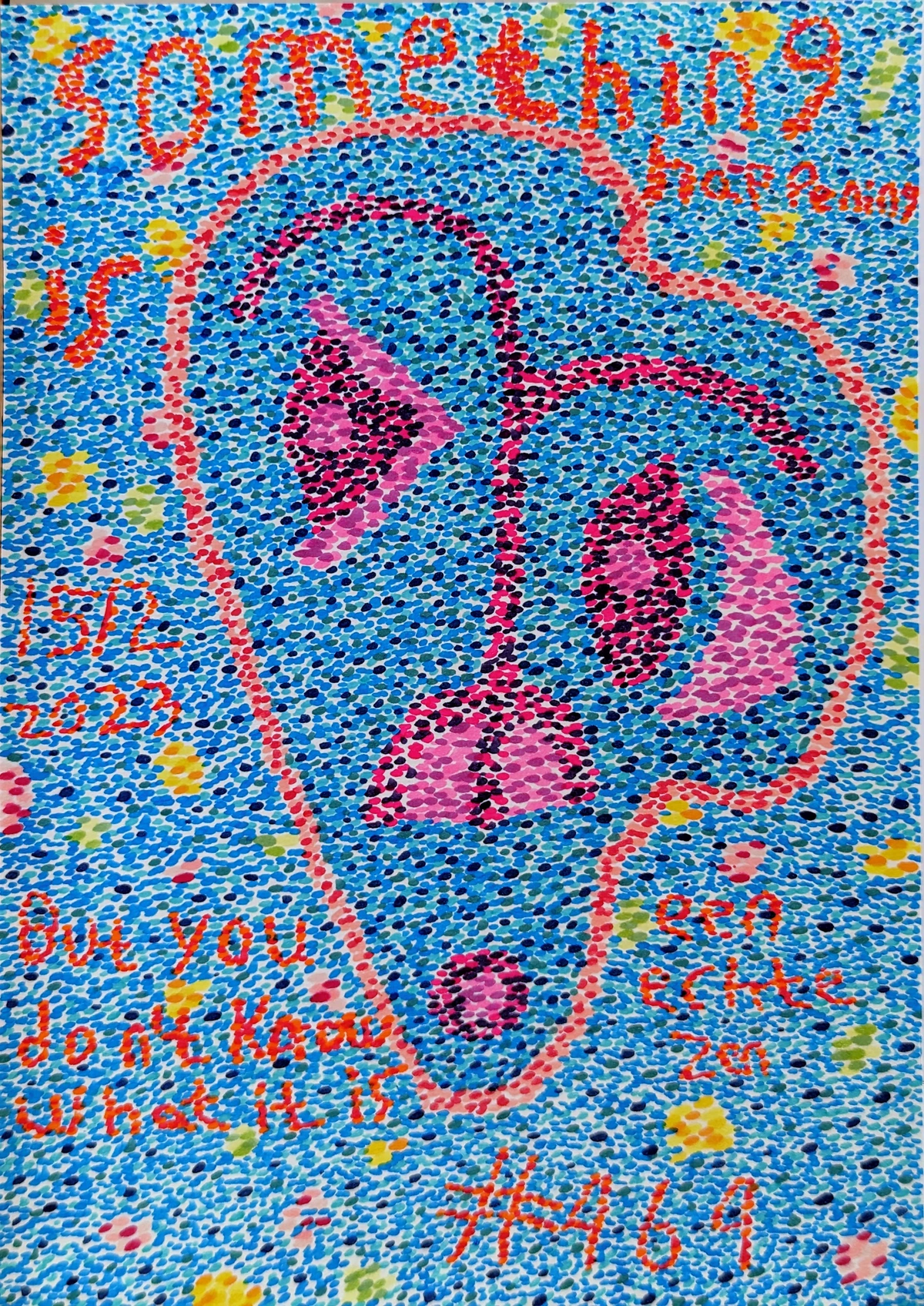 mystery, suspense, unknown, anticipation, abstract, figurative, blue, pink, red, yellow, dots, pointillism, contemporary art, questioning, uncertainty, date 13/12/2022, number 464