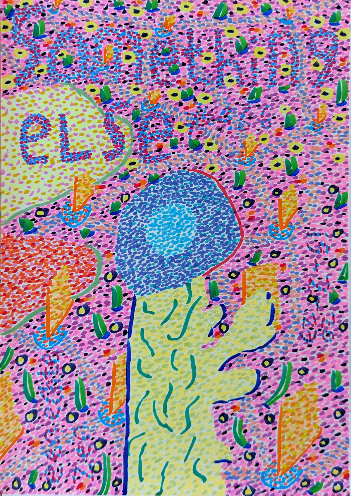 Abstract artwork with colorful dots, patterns, surreal and playful elements, organic shapes, and nature inspiration in vibrant pink, yellow, blue, green, orange, red, and black.