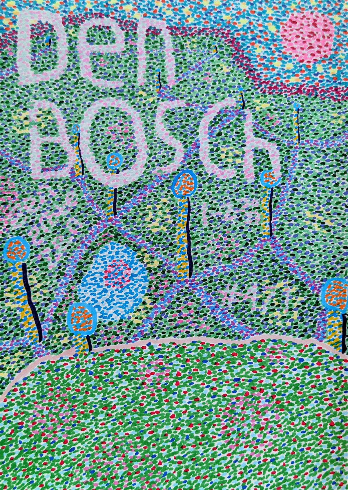 dot art, pointillism, abstract, colorful, green, blue, pink, red, yellow, orange, trees, nature, landscape, surreal, whimsical, playful, bright, textured, patterned, organic shapes, circular motifs, vertical lines, abstract figures, stylized plants, whimsical landscape, vibrant, energetic, dreamlike, imaginative, decorative, folk art, naive art, stylized nature, abstract representation, patterned background, textured surface, organic forms, circular elements, vertical accents, stylized flora, whimsical scenery, vibrant palette, energetic composition, dreamlike atmosphere, imaginative depiction, decorative style, folk art influence, naive art aesthetic, stylized natural elements, abstract landscape, patterned foreground, textured midground, organic patterns, circular details, vertical emphasis, stylized vegetation, whimsical environment, vibrant colors, energetic brushwork, dreamlike quality, imaginative vision, decorative elements, folk art inspiration, naive art approach, stylized organic forms, abstract scenery, patterned background elements, textured surface details, organic shapes and lines, circular motifs and patterns, vertical elements and lines, stylized plant life, whimsical natural setting, vibrant and energetic, dreamlike and imaginative, decorative and stylized, folk art and naive art influences