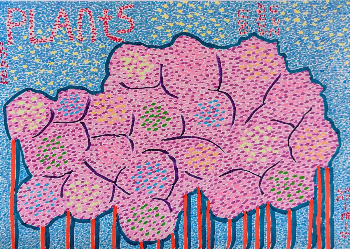 plants, nature, growth, organic shapes, pink, blue, red, yellow, green, dotted style, abstract, vibrant