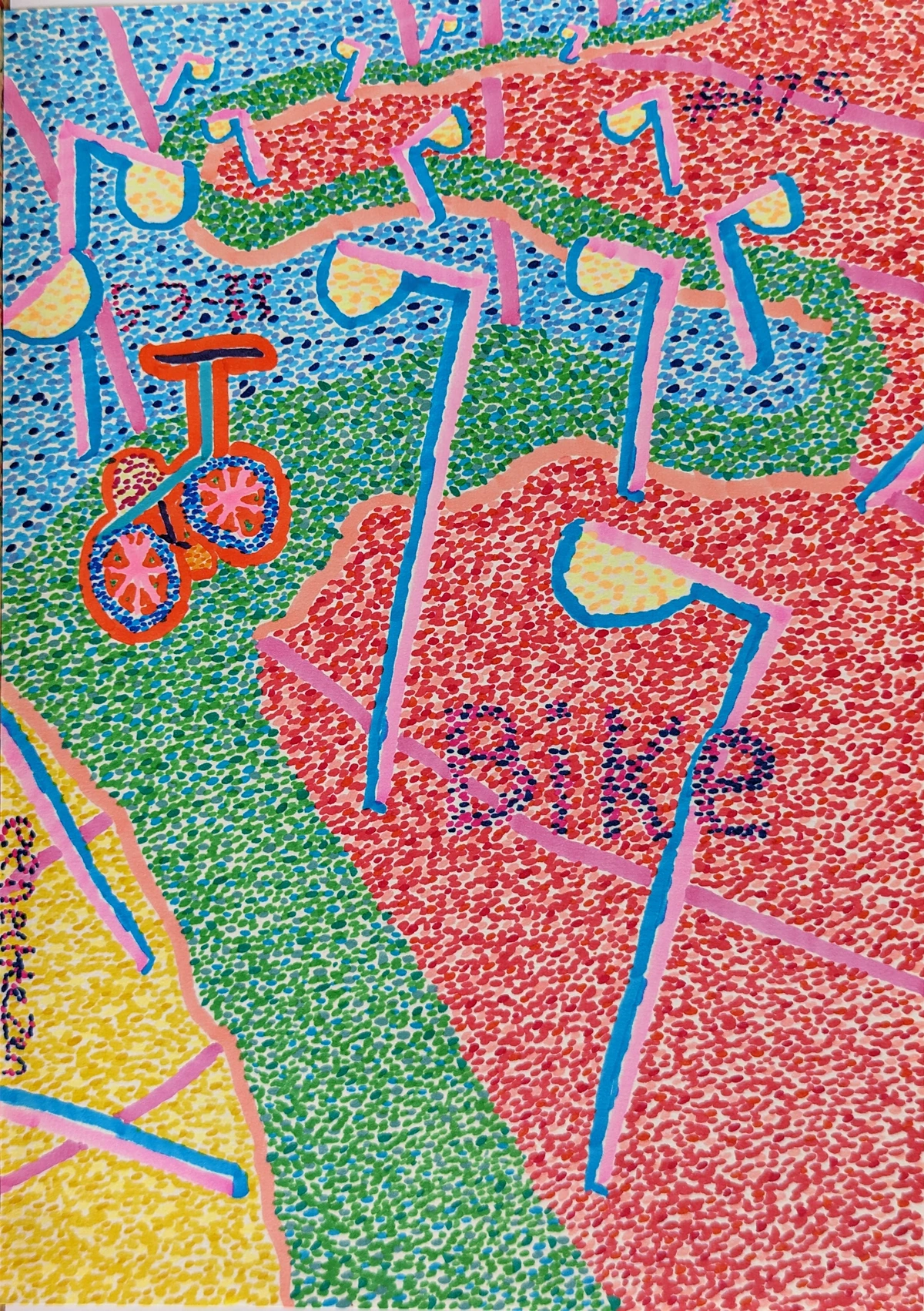 bike, unicycle, streetlights, dotted pattern, red, blue, green, yellow, pink, orange, abstract, playful, vibrant