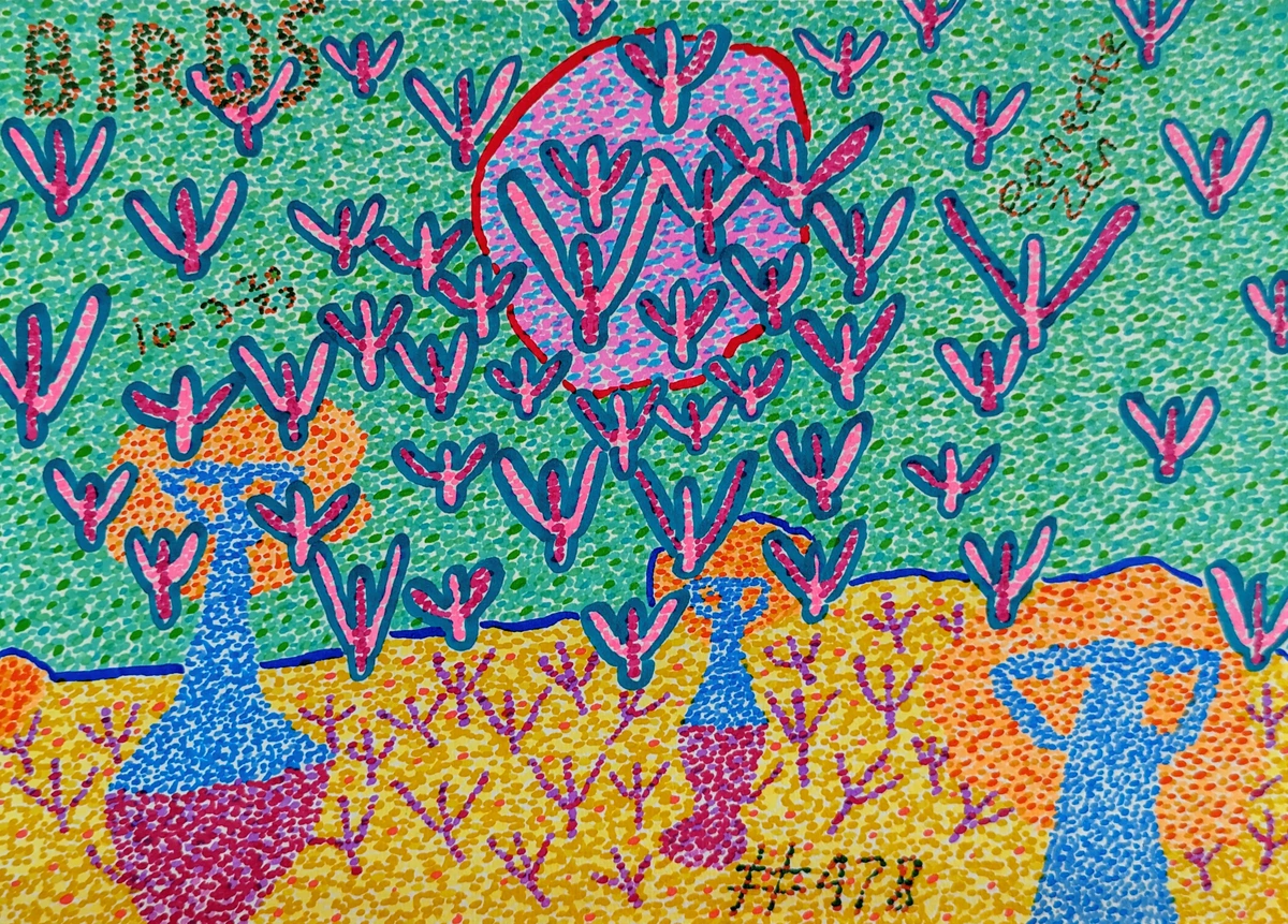 Abstract artwork featuring colorful, whimsical birds with floral elements and dotted textures.