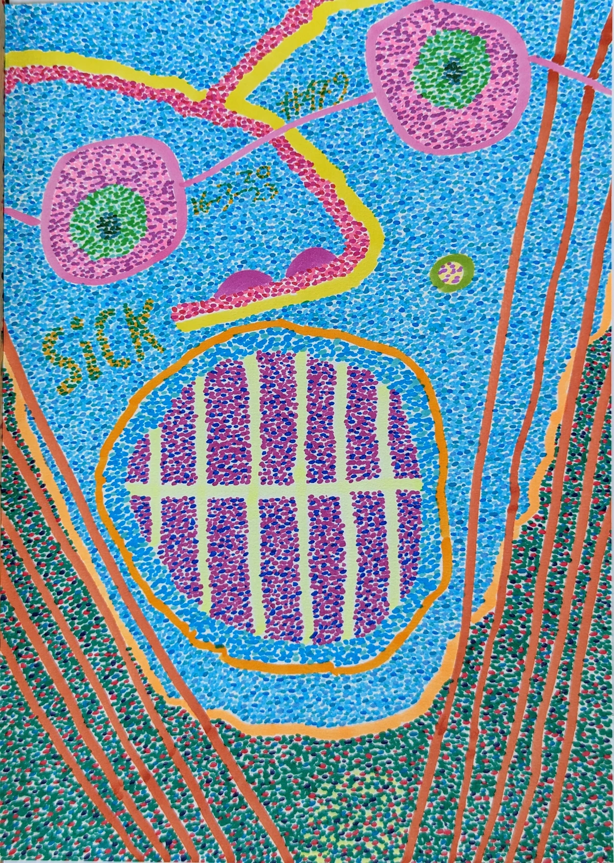 Abstract dots, lines, and shapes in blues, pinks, yellows, and oranges on a dark background. / Puntos, líneas y formas abstractas en tonos azules, rosas, amarillos y naranjas sobre un fondo oscuro.