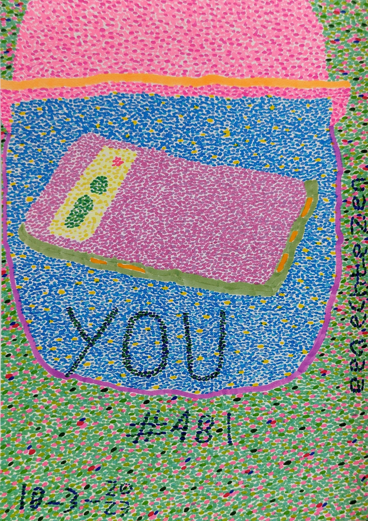 You, abstract, dots, pink, blue, green, yellow, orange, purple, with text and writing, representing personal expression and connection.