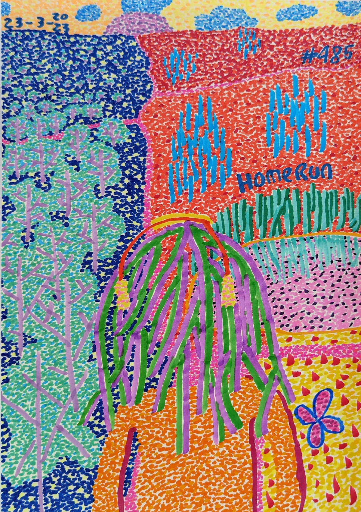 baseball, homerun, sports, celebration, achievement, victory, bright colors, abstract, pointillism, vibrant, energetic, playful, outdoor, nature, trees, flowers, sky, clouds, date stamp, 23-3-23, #485