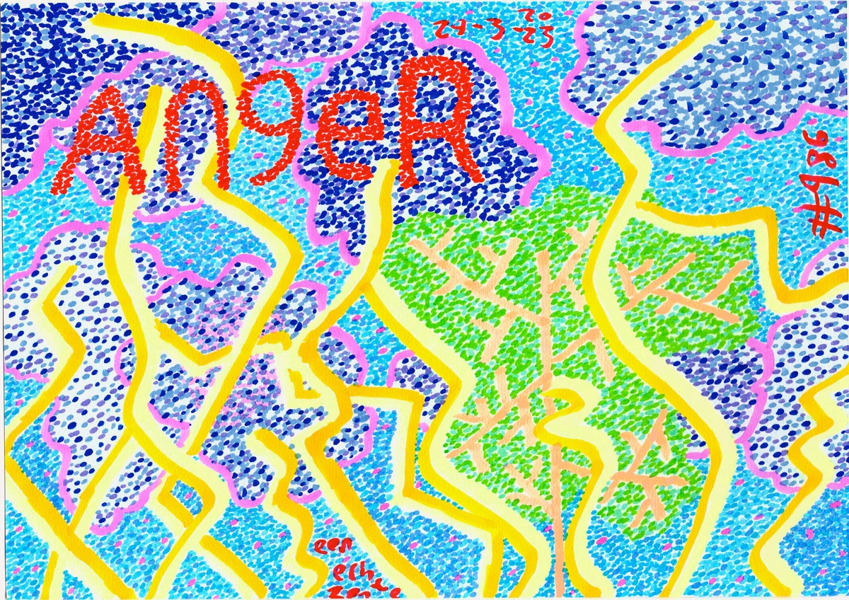 Energetic abstract painting with vibrant splashes of red, blue, yellow, and pink, creating a dynamic composition with dots and lines. / Pintura abstracta enérgica y caótica con vibrantes salpicaduras de rojo, azul, amarillo y rosa, creando una composición dinámica con puntos y líneas.