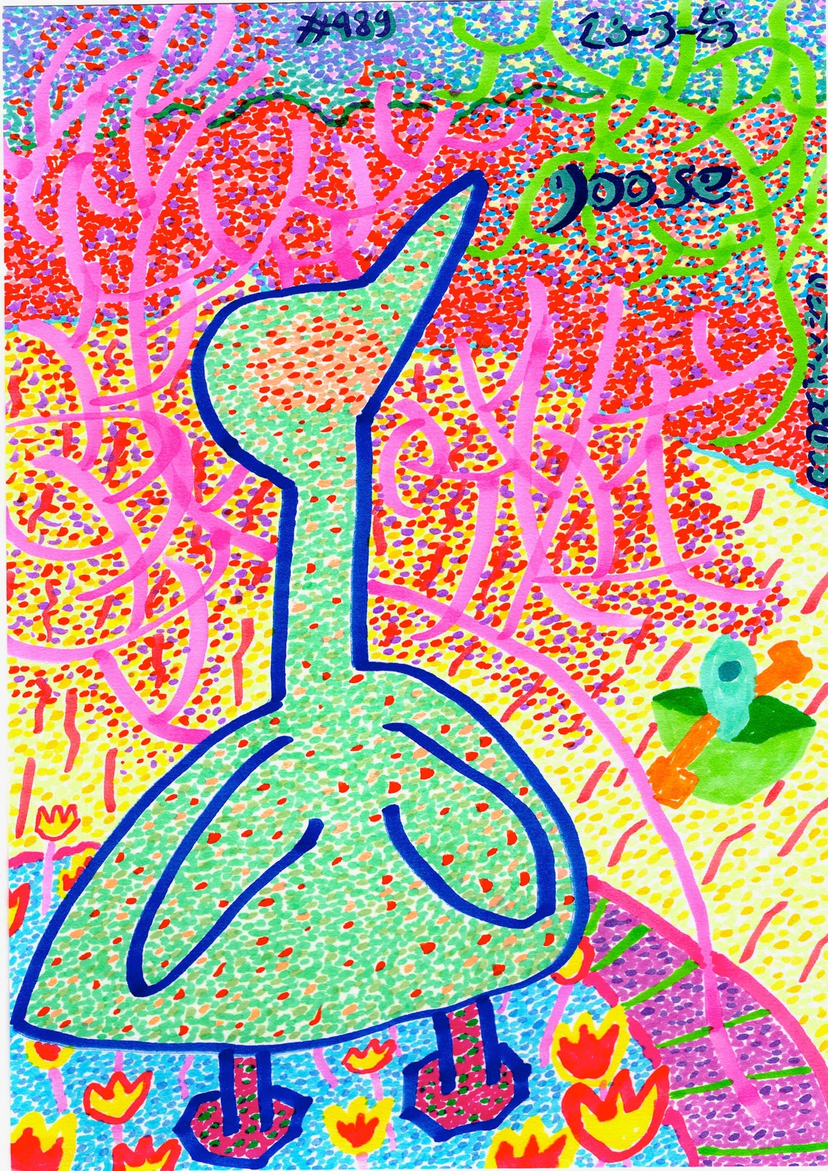 goose, abstract, colorful, playful, whimsical, nature, organic shapes, dotted texture, bright colors, pink, green, yellow, red, blue, purple