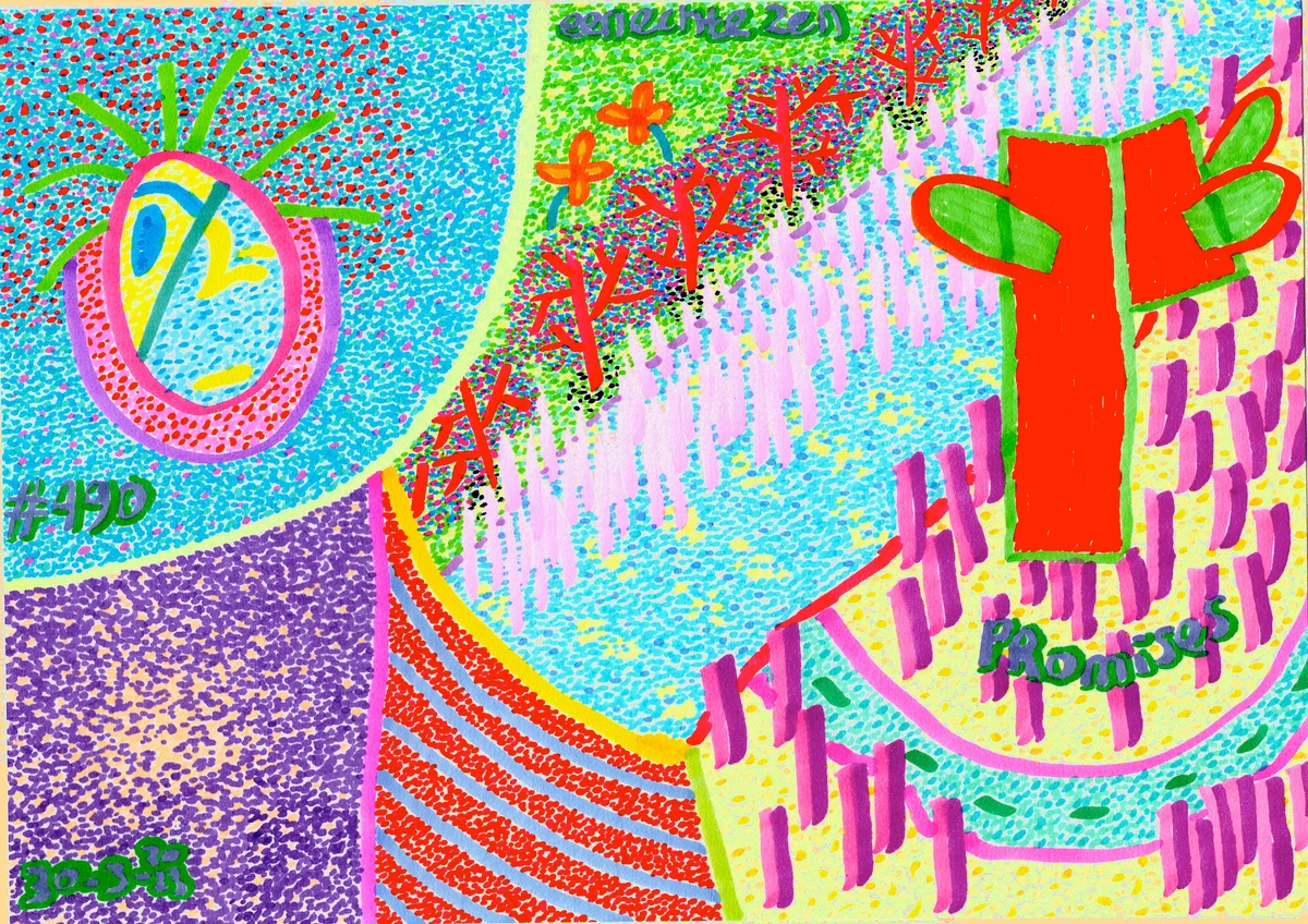 A vibrant abstract painting with colorful, energetic patterns and swirling lines, conveying a sense of artistic promises and creative potential.