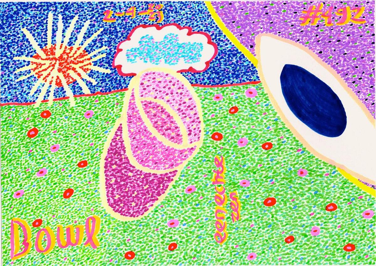 bowl, abstract, colorful, dots, playful, energetic, floral, nature, abstract shapes, bright colors, yellow, pink, blue, green, purple, red, white, #4912, 2-4-23, abstract expressionism, pointillism, organic shapes, geometric elements, whimsical, vibrant