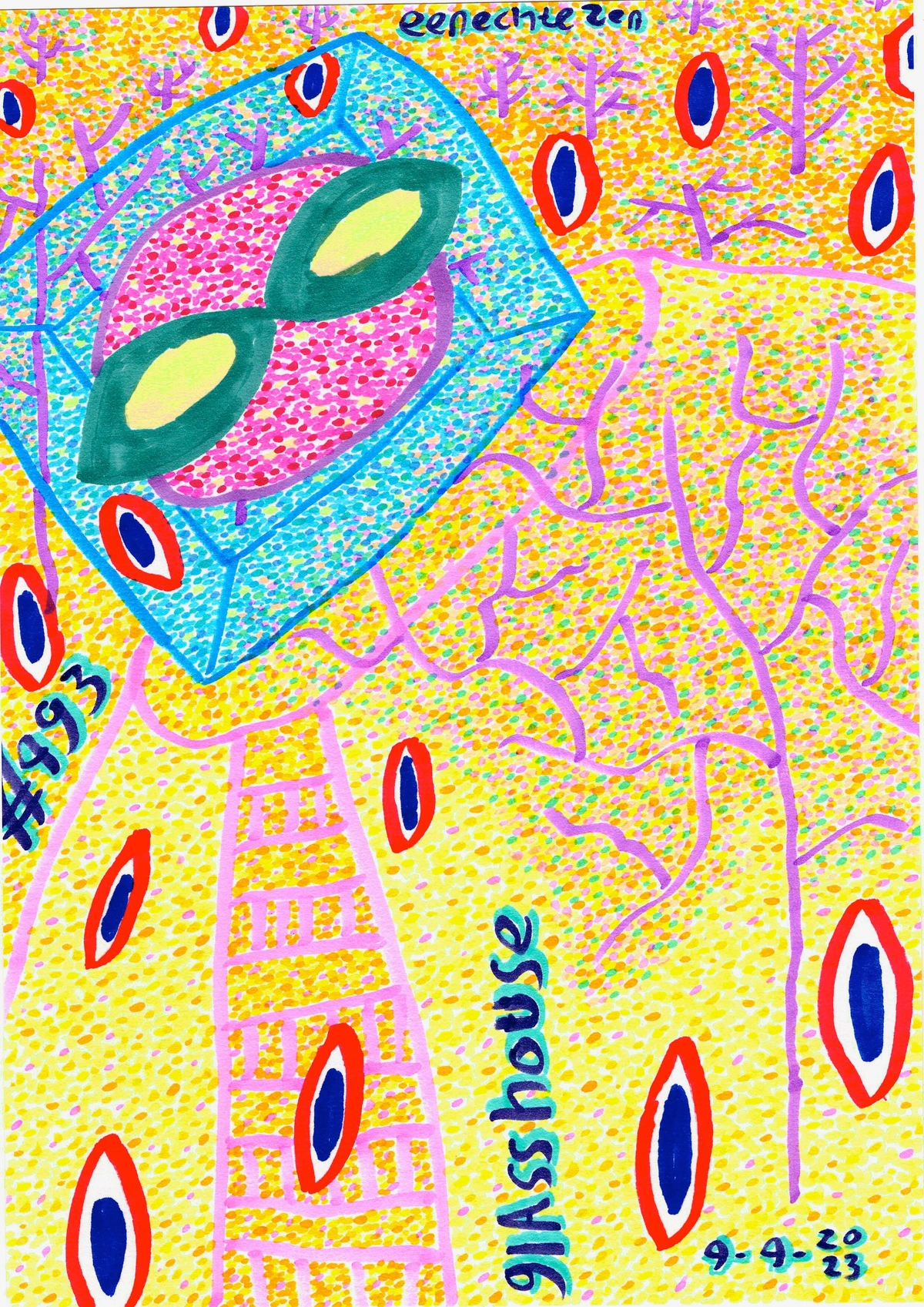 glasshouse, abstract, colorful, surreal, organic shapes, geometric shapes, trees, eyes, ladder, numbers, date