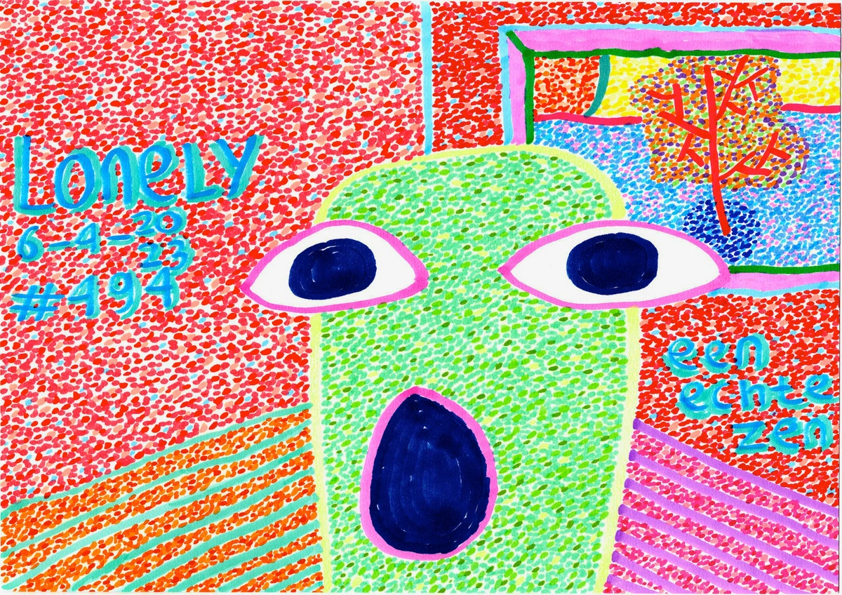 lonely, abstract, colorful, dots, eyes, mouth, tree, window, red, green, blue, pink, orange, purple, teal, stripes, pattern