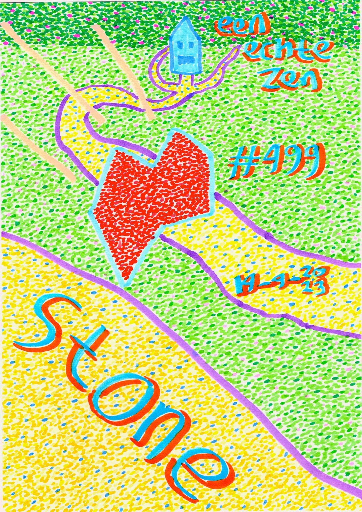 stone, path, house, garden, nature, abstract, colorful, playful, whimsical, blue, red, yellow, green, purple, orange, 499, 2023