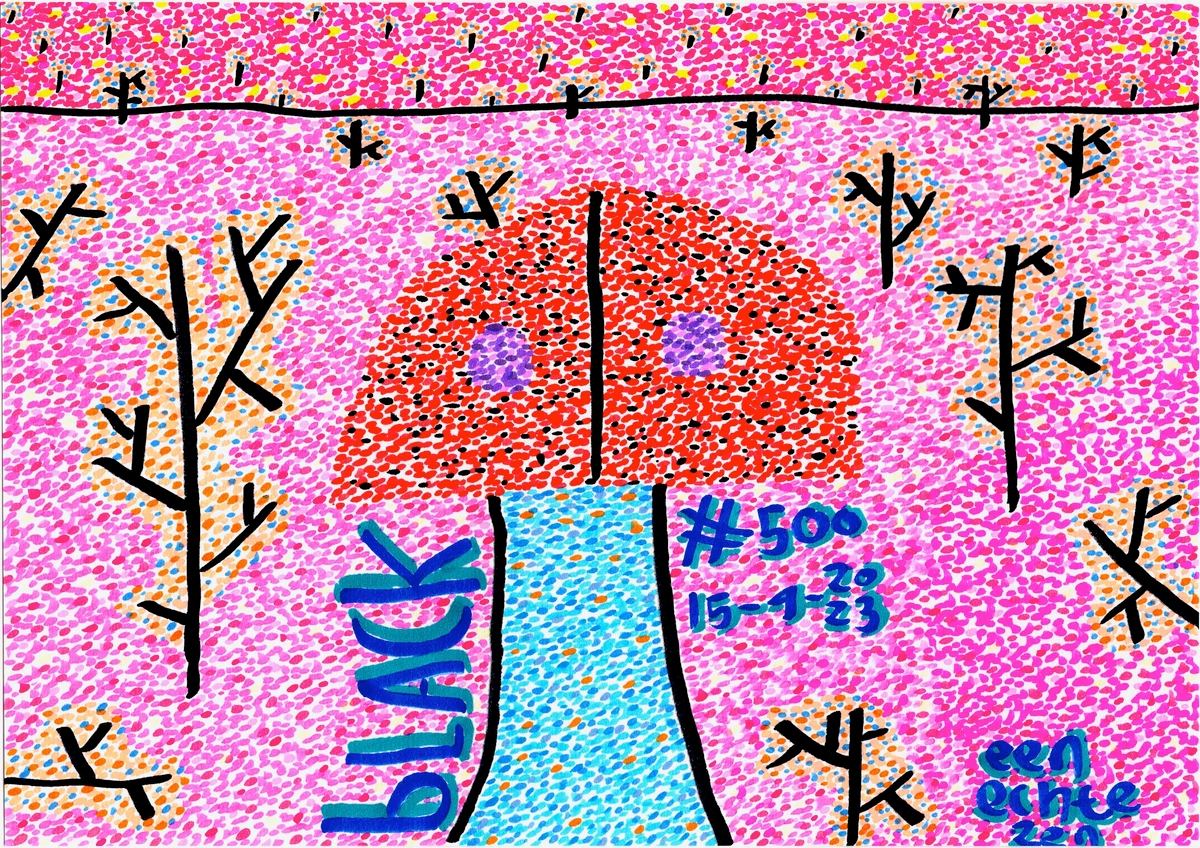 black, abstract, nature, trees, mushroom, dots, pink, red, blue, orange, yellow, playful, whimsical, date, number
