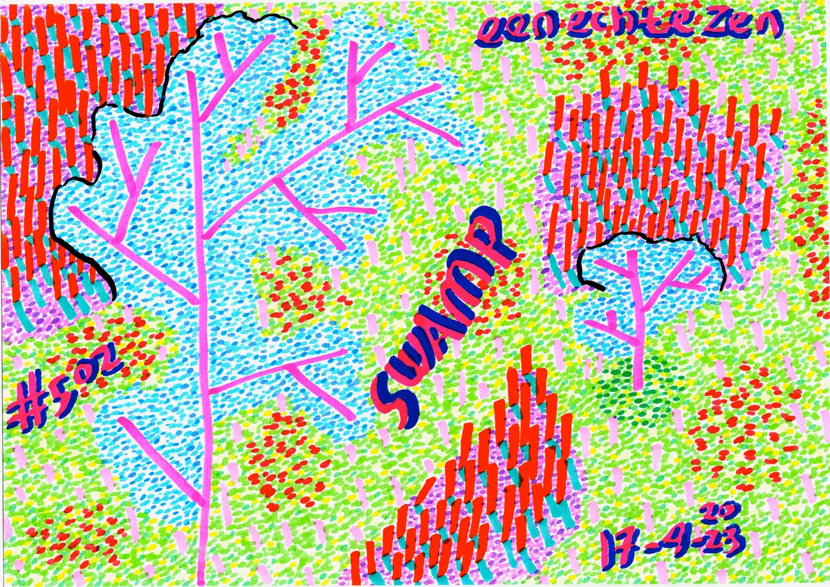 swamp, nature, trees, water, abstract, colorful, vibrant, pink, blue, green, red, yellow, purple, dotted, textured, organic shapes, stylized, whimsical, playful, serene, peaceful, #502, 20, 4-4-23