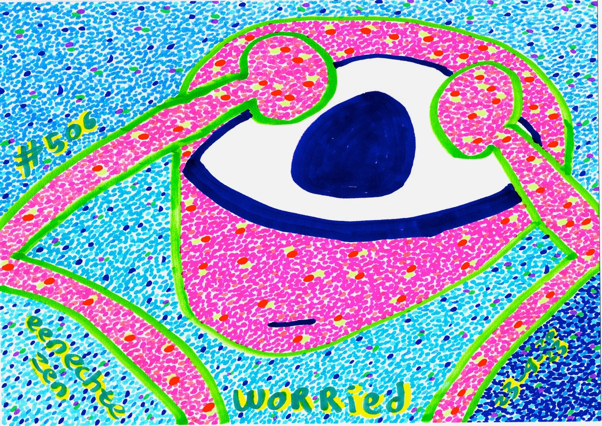 worried, anxiety, stress, concern, unease, emotional distress, mental state, abstract, figurative, expressive, vibrant colors, pink, blue, green, yellow, dots, pointillism, textured, bold outlines, #506, eennechen