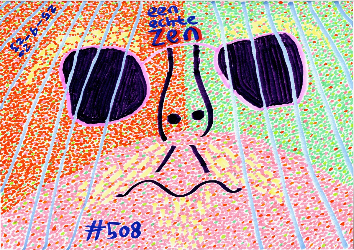 Zen zelfportret met abstracte elementen en kleurrijke patronen.