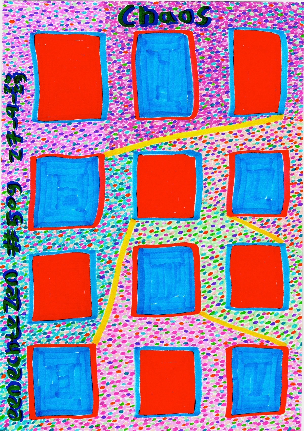 chaos, abstract, geometric, colorful, dots, squares, red, blue, yellow, playful, energetic