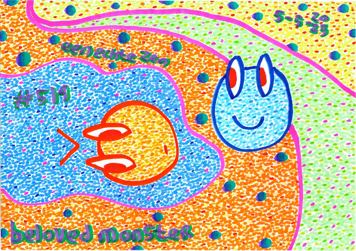 monster, water, reflection, acceptance, inner self, journey, life, complexity, minimalist color scheme, orange, yellow, green, pink, blue, purple, blobs, whimsical, enigmatic, serene smile, self-acceptance, Eels song, #514