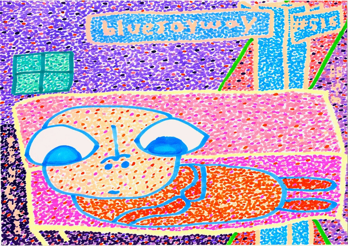 BlueJayWay, Beatles, George Harrison, psychedelic, ethereal, surreal, poem, Lewis Carroll, rabbit hole, opium-smoking caterpillar, identity, reality, dreams, individuality, universality, sleep, introspection, questioning, blue, purple, pink, orange, green, dot art, stippling