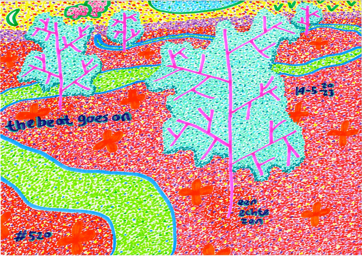 The Beat Goes on, life's eternal motion, rhythm, harmony of existence, celestial bodies, sun, winding path, road of life, foliage, unknown, Luna, Sky, Sun, azure canvas, celestial dance, vibrant hues, dynamism, floral elements, earthy charm, A3 drawings, personal, symbolic, ebb and flow of existence, Zen Dageraad, dot art, pointillism, pink trees, orange flowers, blue river, green grass, red background, purple dots, yellow dots, crescent moon, green clouds, green V shapes