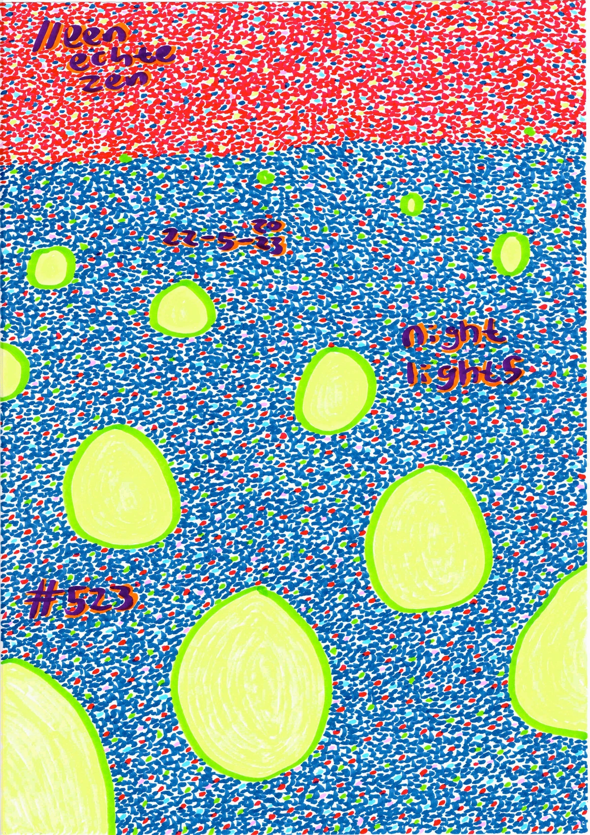 night lights, urban illumination, nighttime stroll, nocturnal trek, abstract perspective, yellow lights, dark blue field, dark red sky, depth, perspective, visual poem, delight, simplicity, memory, journey home, late evening, abstract art, dot art, pointillism, vibrant colors, contrast, serene, peaceful, contemplative