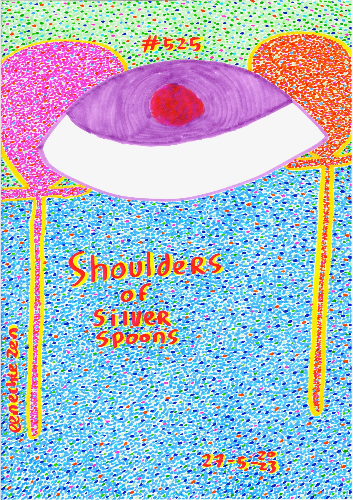 Abstract art with a surreal eye, dots, and vibrant colors, symbolizing introspection and vision in the studio.