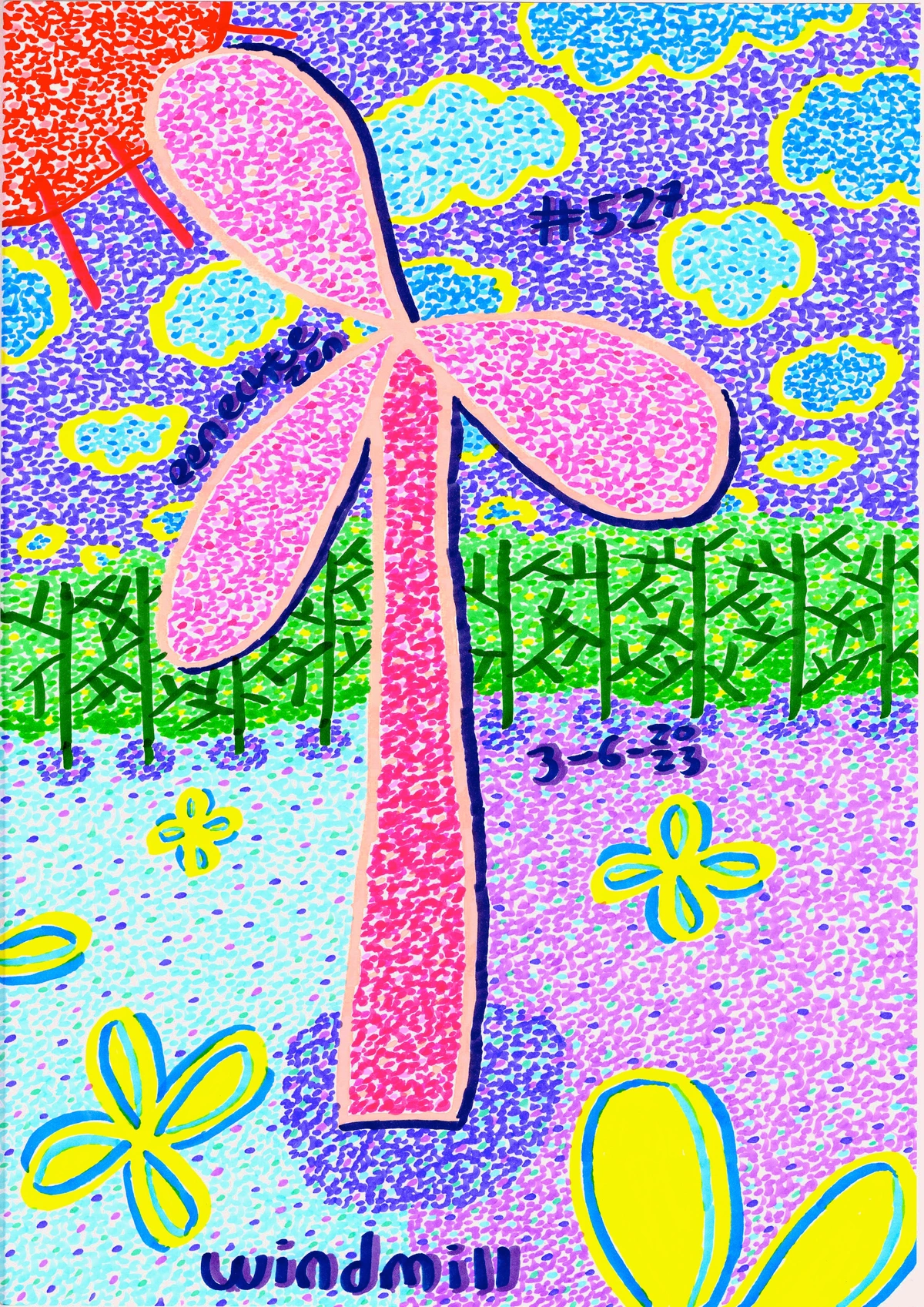 windmolen, windturbine, Nederlands, bomen, landschap, zon, wolken, bloemen, reis, perspectief, alledaags, eerbetoon, symbool, vaderland, panoramisch, gouden halo, zonovergoten, diepte, Zen Dageraad, vers, gedicht, blauw, geel, roze, rood, groen, gestippelde textuur, artistieke stijl