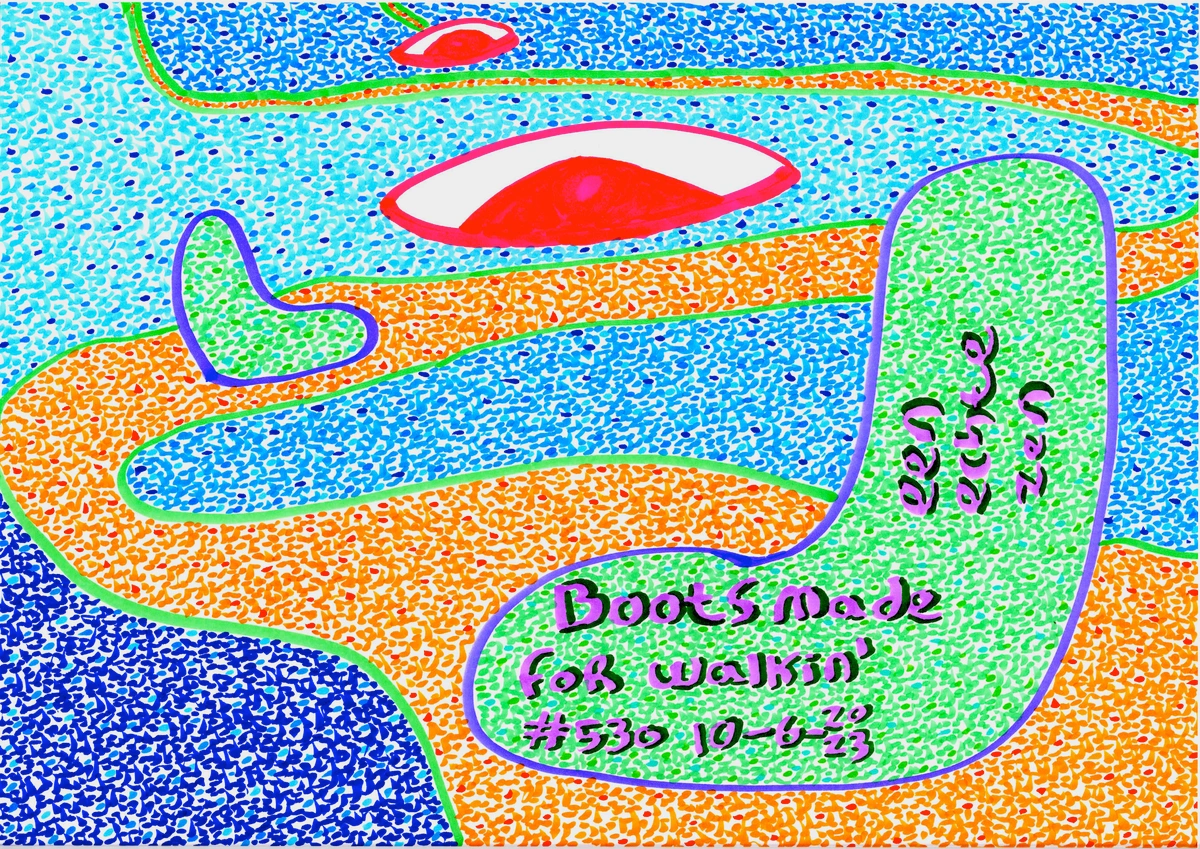 boots, walking, Nancy Sinatra, Zen Dageraad, vivid colors, daring symbolism, green boots, white boots, orange road, purple border, endless journey, empowerment, blue hues, four shades of blues, pink eye, determination, future conquests, bold articulation, abstract, symbolic, vibrant, surreal, dotted texture, abstract background, figurative elements