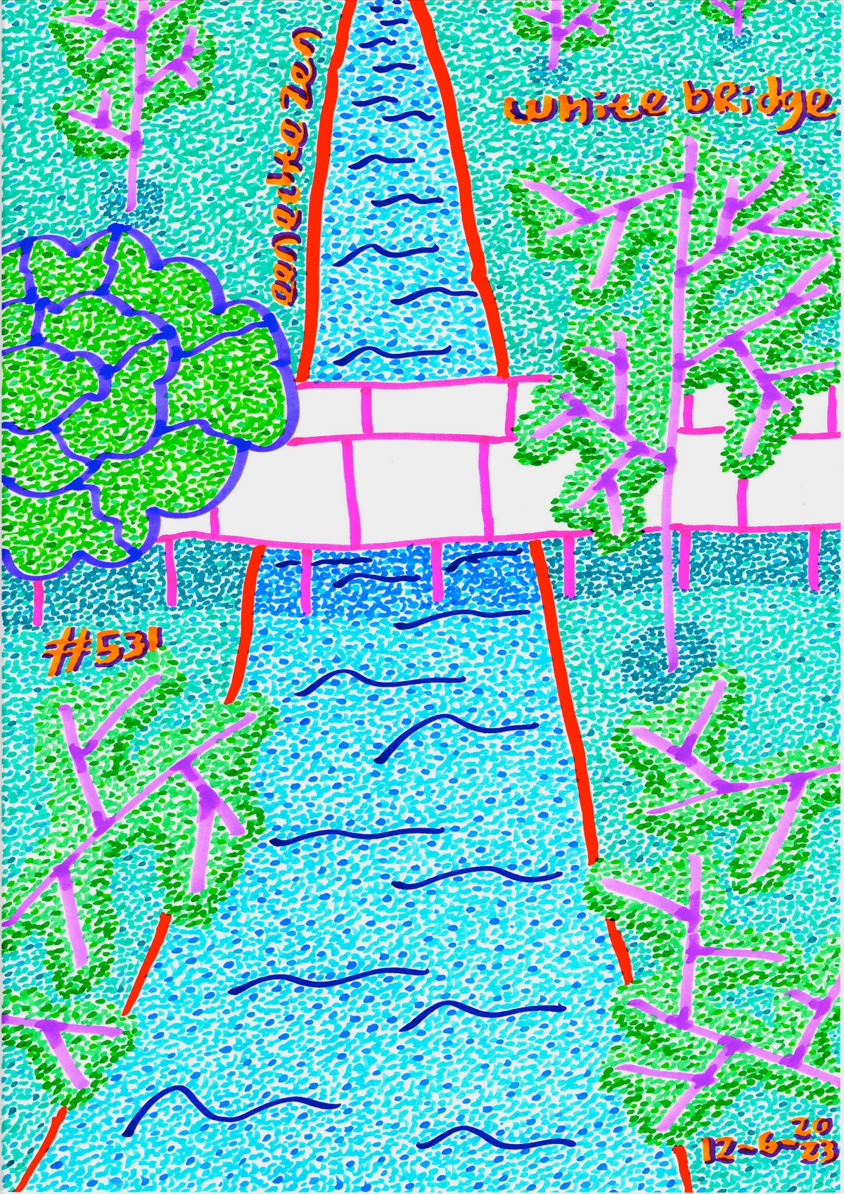 white bridge, pink borders, water, blue tones, red lines, green trees, pink trunks, purple bordered bush, blue-green ground, tranquility, serene, peaceful, vibrant colors, nature, landscape, artistic interpretation, untroubled water, near my house, grass greener, trees greener, bushes greener, colors more brilliant, #531, 12-6-23