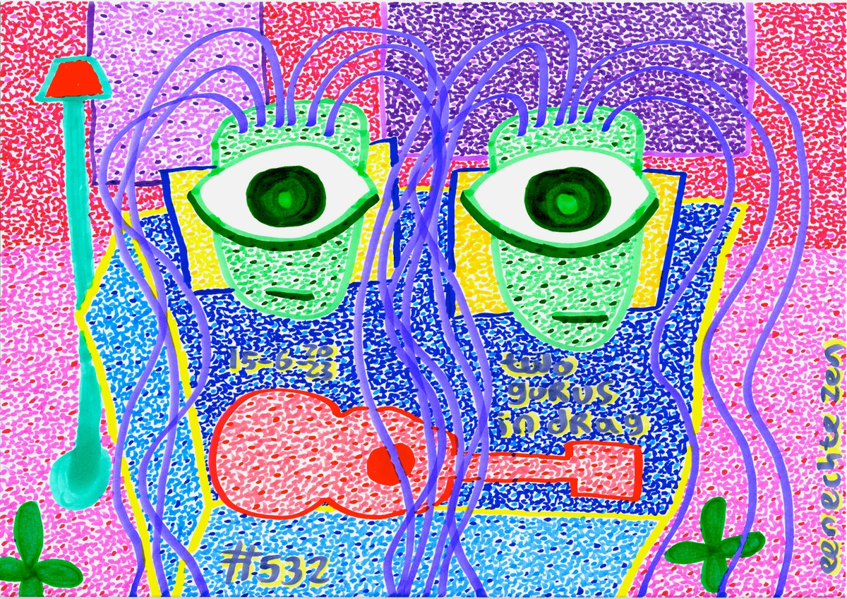 goeroes, drag, figuren, groen, paars haar, bed, rode gitaar, blauw bed, gele randen, blauwgroene lamp, oranje gloed, rode muren, roze vloer, bloemen, The Beatles, John en Yoko, gedicht, ode, visuele storytelling, poëtische taal, surrealistisch, levendig, abstract, speels, excentriek, psychedelisch, patroon, gestippelde textuur, #532