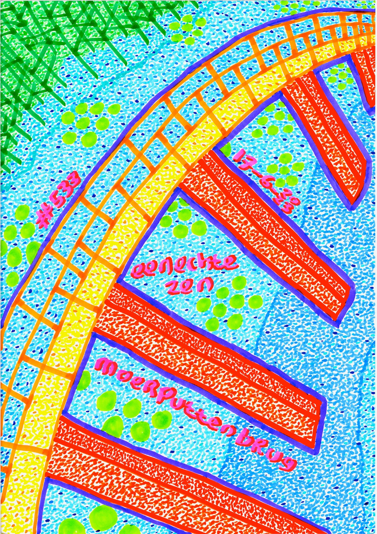 Moerputtenbrug, Den Bosch, bridge, dawn, nature reserve, yellow, orange, purple, green trees, water lilies, tranquil, serene, peaceful, natural beauty, reflections, intricate detailing, thoughtful composition, Zen Dageraad, poem, stillness, early morning, first visitor, age-old charm, vibrant, soothing palette, depth, ecology