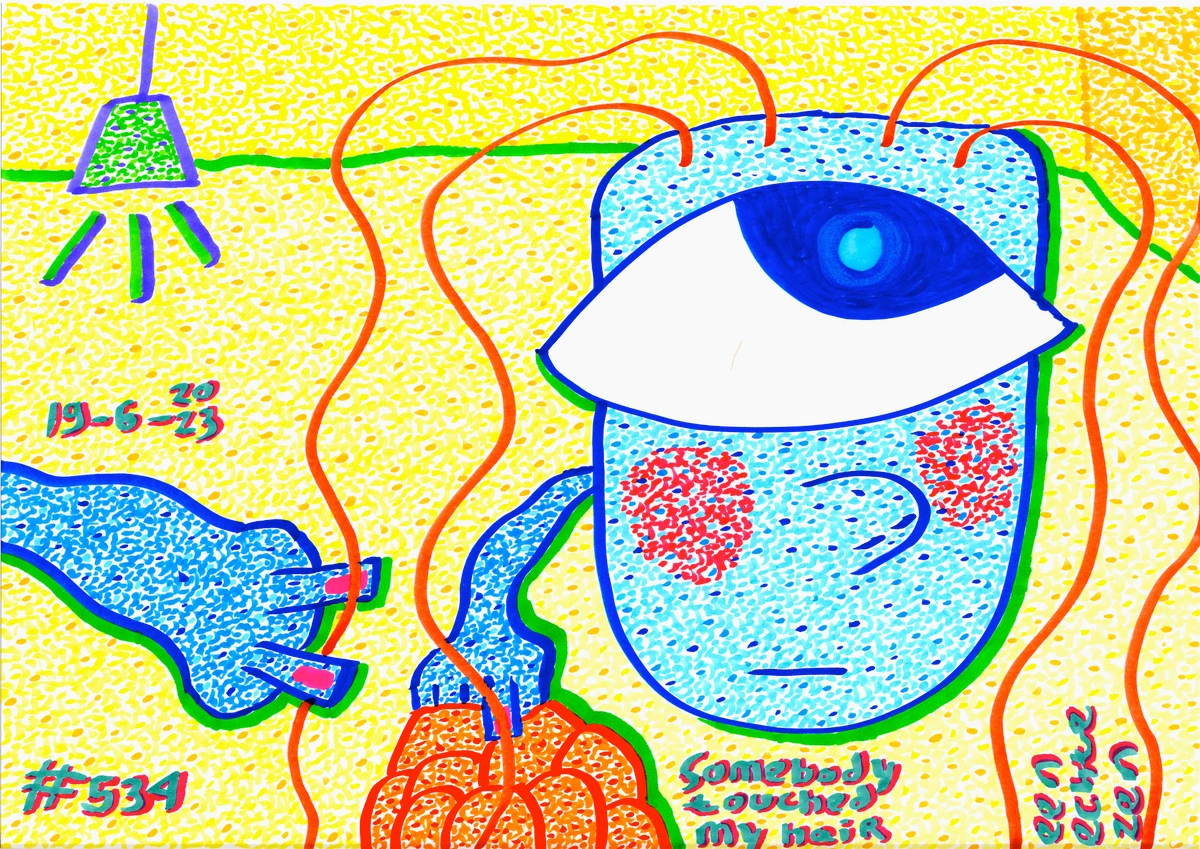 awkward encounter, grocery shopping, stranger's touch, expressive caricature, light blue hues, dark blue border, red blush, exaggerated hair, intrusive lady, unconventional light source, green light, purple borders, yellow background, depth perception, color contrast, shadow, lines, resonance, Zen Dageraad, somebody touched my hair, blue, green, yellow, red, orange, purple, dots, caricature, hair, light, arm, face, date stamp, #534