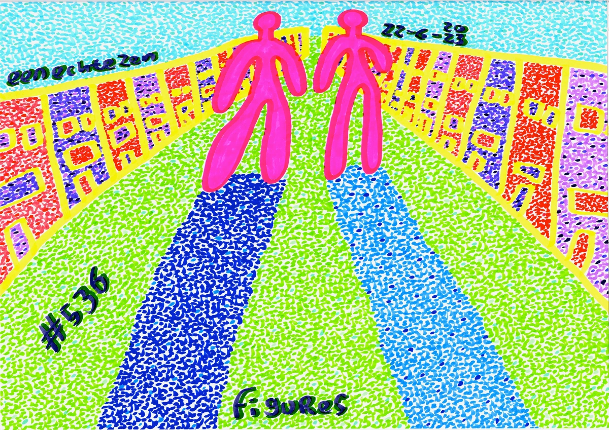 Abstract depiction of a street scene with figures and houses, evoking a sense of community and familiar yet otherworldly perception.