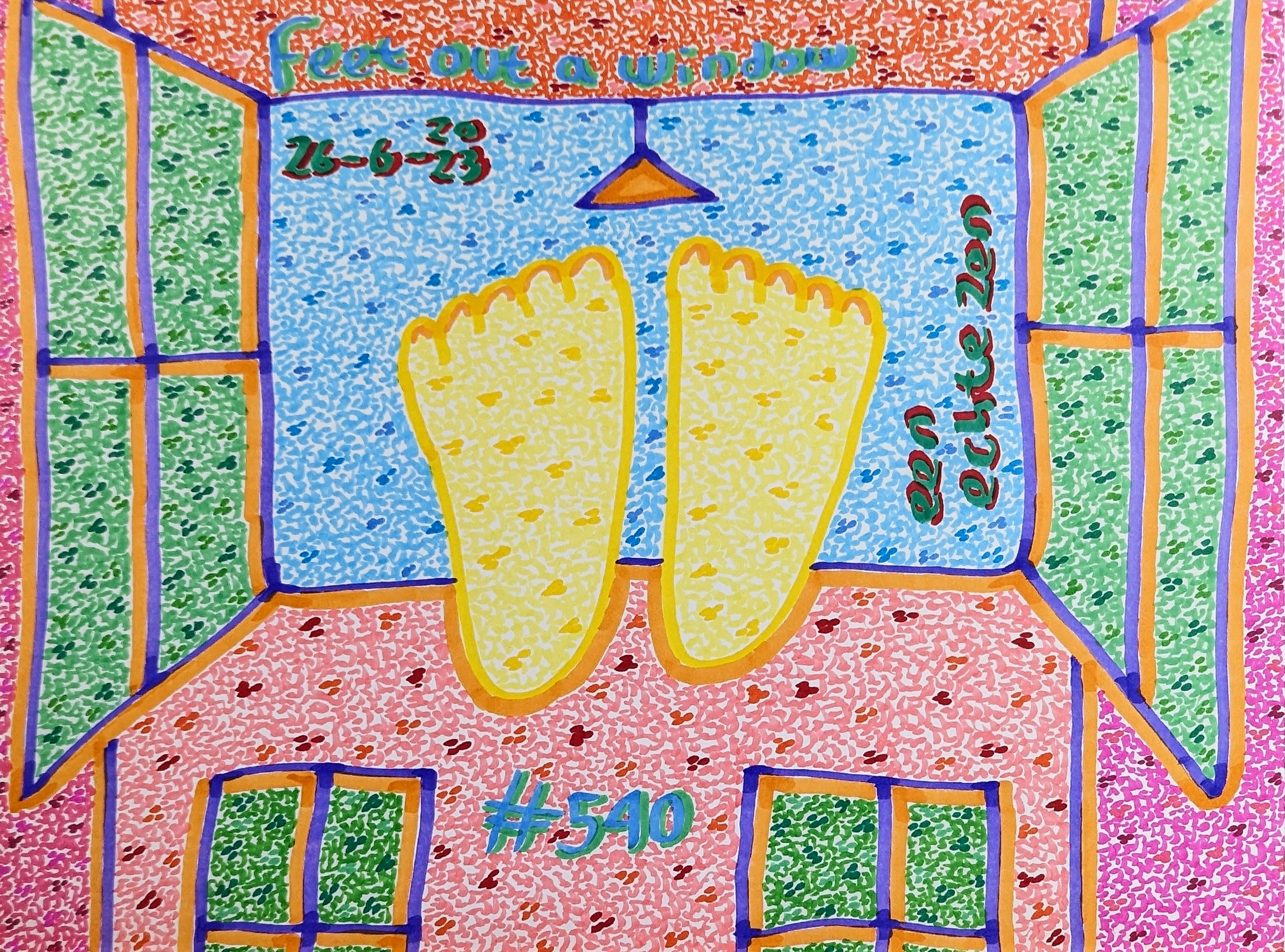 Feet Out A Window By Dutch Den Bosch Artist Zen Dageraad, Art piece (drawing) about: den-bosch walks wasting-time