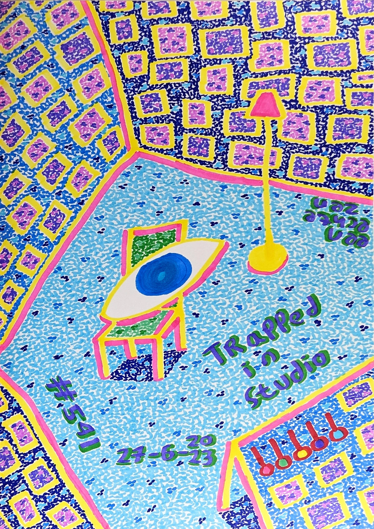 A vibrant, surreal abstract painting with geometric patterns and an eye, symbolizing the internal world and creative process of an artist.