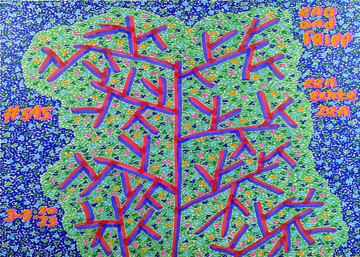 Eno And Fripp, Robert Fripp, Brian Eno, music, nature, visual art, atmospheric harmonies, audial exploration, visual voyage, meditative experience, peaceful stroll, Bosche Broek, Den Bosch, tree, branches, red, purple, pink, orange, light blue, dark blue, dark green, light green dots, dark green background, light blue expanse, signature, date, number, psychedelic trip, abstract, vibrant colors, intricate detail, bold colors, connectivity, euphoria, simplicity, greatness, enigma, felt, mirror, musical inspirations, resonance