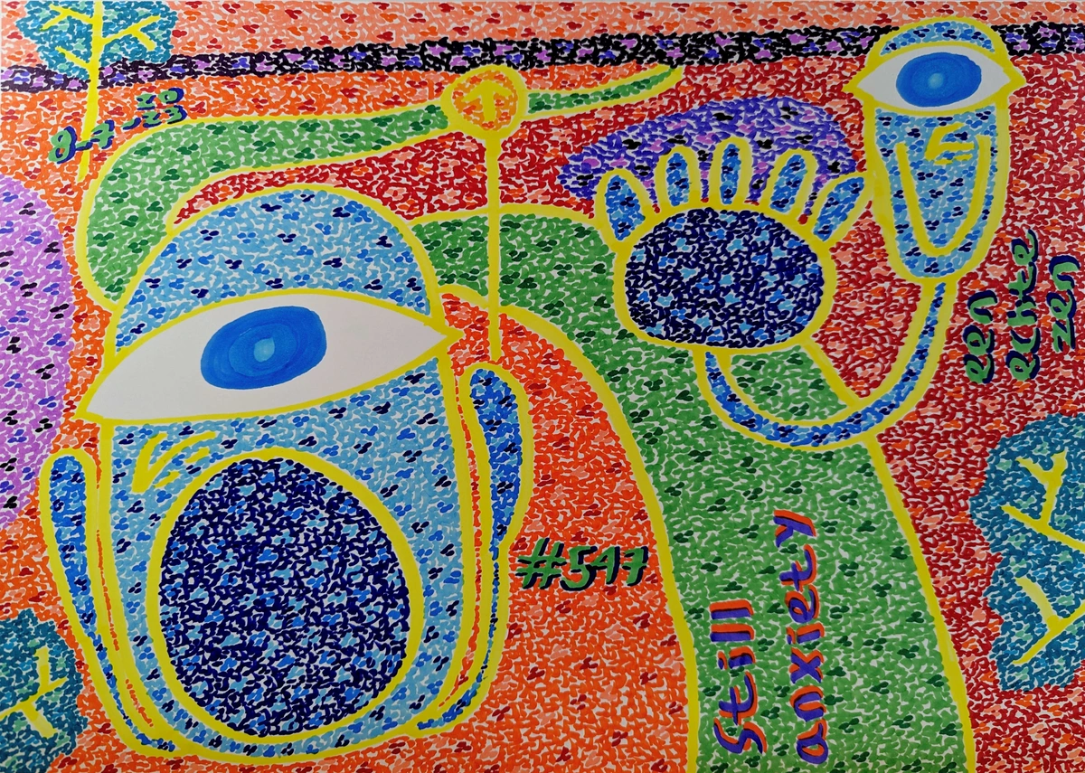 angst, kwetsbaarheid, menselijke emotie, pad, figuren, interactie, verontrustend, schreeuw, vrees, leed, onrust, bos, bomen, meren, lucht, grond, rood, blauw, geel, groenblauw, paars, sereen, levendig, introspectie, Zen Dageraad, #547